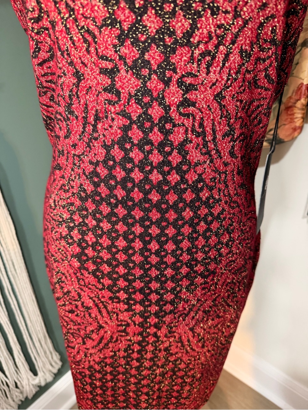 Rock & Republic Metallic Bodycon Dress NWT Red Black Glitter Cocktail Size L - Picture 3 of 5